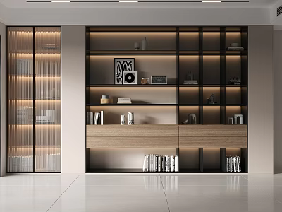 Modern Open Bookcase Design With Wood Glass Shelves Lighting And Decorative Books 3d model