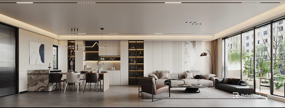 Modern Living Dining Room Interior With Sofa Dining Chairs Chandelier And Wall Art 3d model 