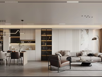 Modern Living Dining Room Interior With Sofa Dining Chairs Chandelier And Wall Art 3d model