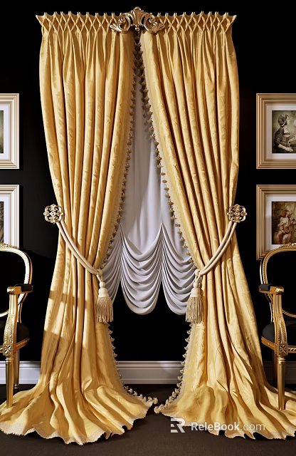 Luxurious Gold Curtains with Elegant Pleats and Tassel Tiebacks against Black Walls and Gold Frames 3d model 