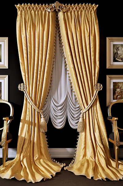 Luxurious Gold Curtains with Elegant Pleats and Tassel Tiebacks against Black Walls and Gold Frames 3d model