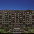 Multi Story Brick Residential Building With Front Courtyard Lush Greenery And Decorative Windows