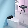 Smart White Toilet With Black Panel Digital Display In Modern Bathroom Interior With Glass Partition