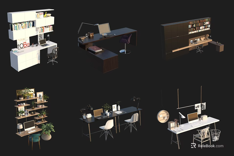 Modern Home Office Desk Designs With Bookshelves Lamp Chair And Plant 3d model 