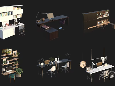 Modern Home Office Desk Designs With Bookshelves Lamp Chair And Plant 3d model