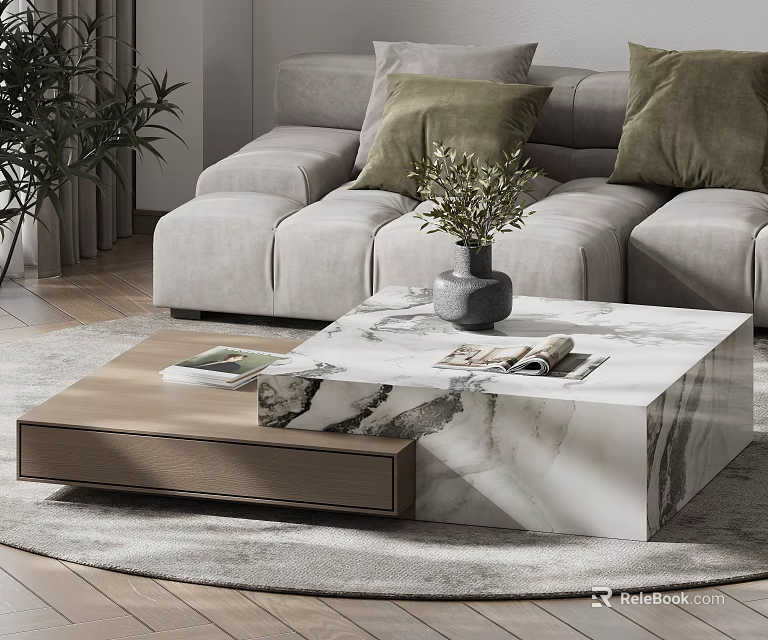 Modern Coffee Table With Marble Top Wooden Base And Green Plants Near Light Grey Sofa 3d model 