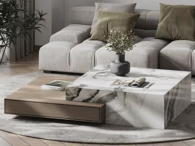 Modern Coffee Table With Marble Top Wooden Base And Green Plants Near Light Grey Sofa 3d model