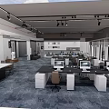Modern Public Office Space With Open Workstations Computers Hanging Lights And Large Windows 3d model
