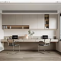 Modern Minimalist Study Room Interior With White Cabinets Desk Laptops Potted Plant And Two Chairs