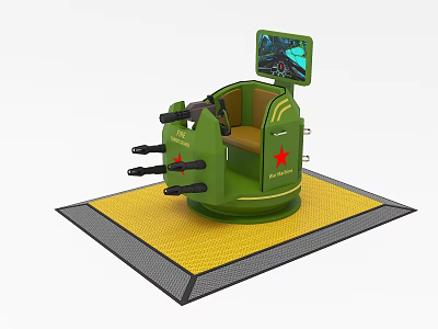 Interactive Green Gaming Simulator Chair With Screen Red Logo And Gun Controllers On Yellow Mat 3d model