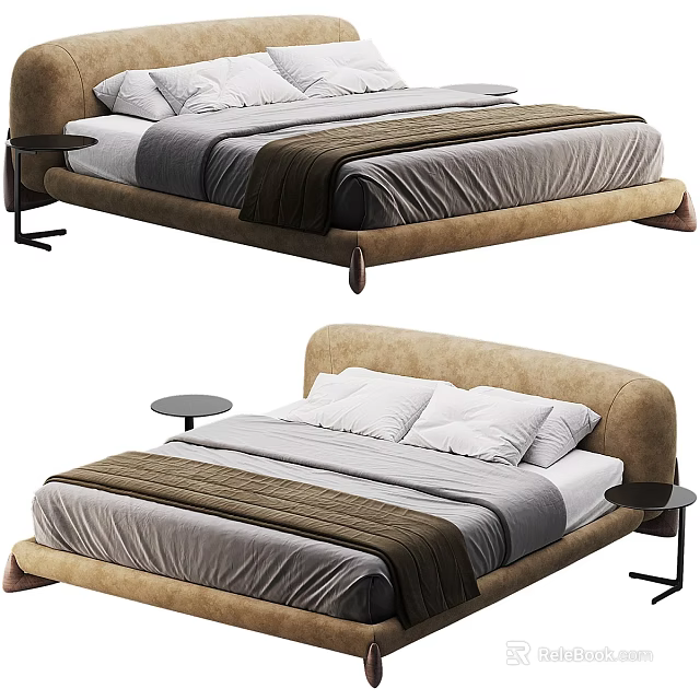 Modern Double Bed With Upholstered Headboard Gray Bedding And Side Nightstand 3d model