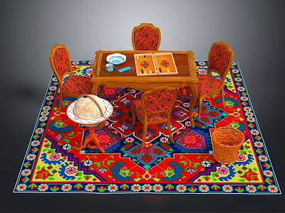 Traditional Wooden Dining Table With Carved Chairs Colorful Patterned Rug And Small Side Table 3d model