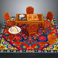 Traditional Wooden Dining Table With Carved Chairs Colorful Patterned Rug And Small Side Table