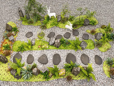 Natural Courtyard Garden Design With Pebble Ground Stones Pathway Foliage And Deer Statues 3d model