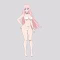 Woman with pink long hair wearing white bikini and choker against gray background
