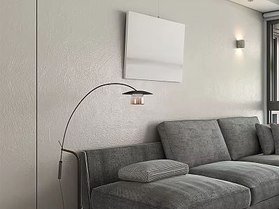 Modern Floor Lamp in Living Room with Gray Sofa White Wall and Wall Art 3d model