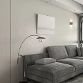 Modern Floor Lamp in Living Room with Gray Sofa White Wall and Wall Art