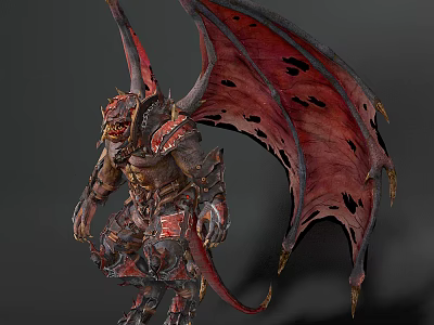 Game Movie Character Design of Armored Demon With Red Wings Horns and Tail 3d model