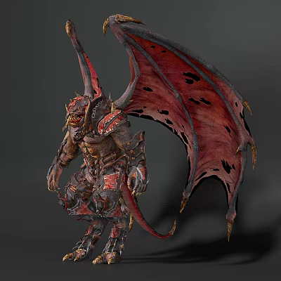 Game Movie Character Design of Armored Demon With Red Wings Horns and Tail 3d model