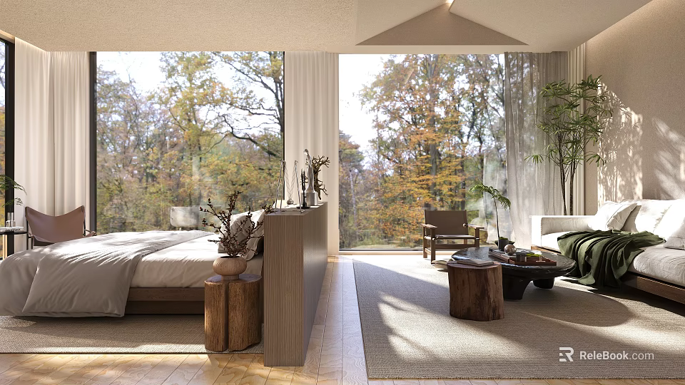 Tranquil Hotel Guest Room With Large Windows Autumn Forest View Wooden Furniture And Plants 3d model 