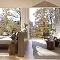Tranquil Hotel Guest Room With Large Windows Autumn Forest View Wooden Furniture And Plants