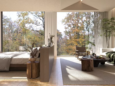 Tranquil Hotel Guest Room With Large Windows Autumn Forest View Wooden Furniture And Plants 3d model