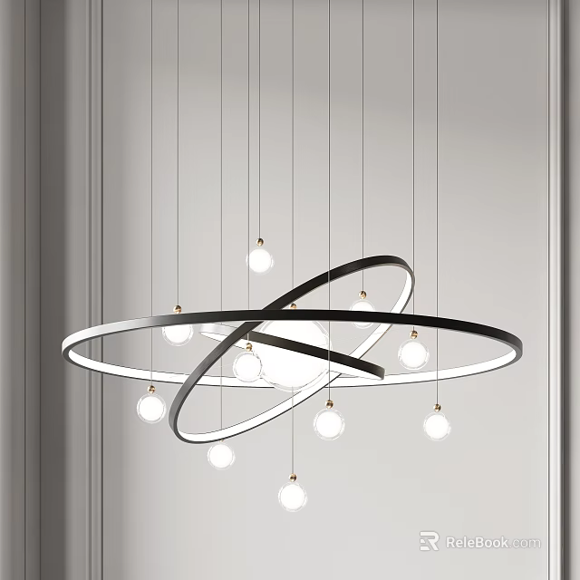 Modern Minimalist Chandelier With Black Circular Rings And Hanging White Bulbs 3d model 