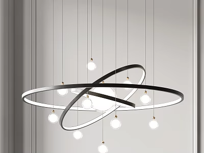 Modern Minimalist Chandelier With Black Circular Rings And Hanging White Bulbs 3d model