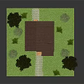 Cartoon Style Cozy Scene Featuring Small House Brown Roof Green Grass Trees And Pathway