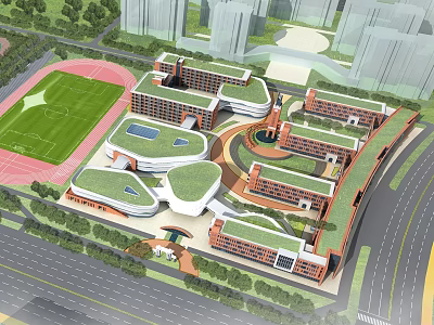 Modern School Campus Architectural Design Featuring Green Roofs Sports Field And Running Track 3d model