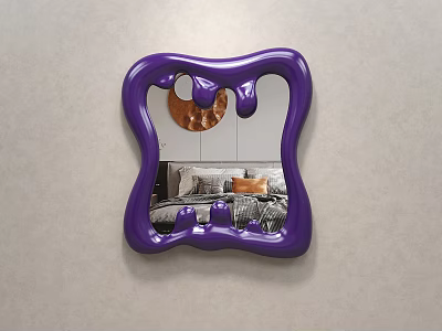 Stylish Purple Irregular Shaped Mirror in Bedroom with Bed Pillows and Copper Decor 3d model