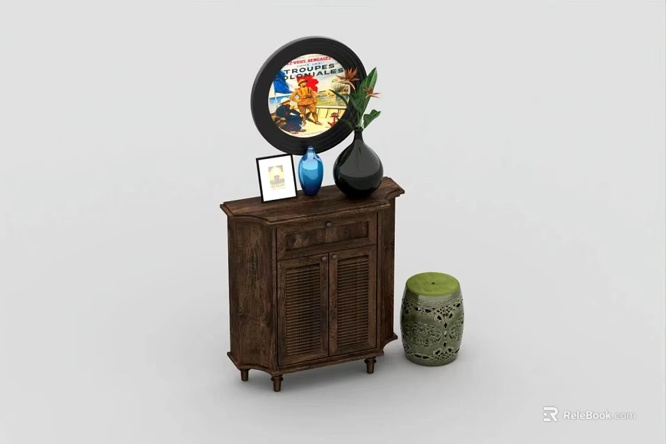 Wooden Console Table as Side Cabinet With Decorative Mirror Vase Photo Frame and Stool 3d model 