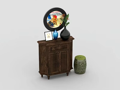 Wooden Console Table as Side Cabinet With Decorative Mirror Vase Photo Frame and Stool 3d model