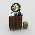 Wooden Console Table as Side Cabinet With Decorative Mirror Vase Photo Frame and Stool