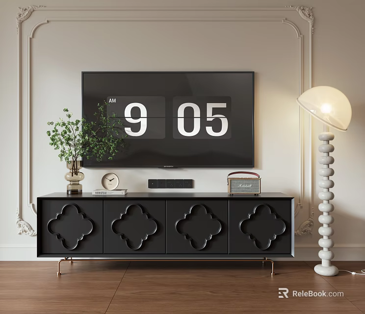 Black TV Stand With Carved Drawers Green Plant Clock Radio And White Floor Lamp 3d model 