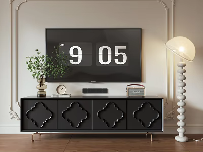 Black TV Stand With Carved Drawers Green Plant Clock Radio And White Floor Lamp 3d model