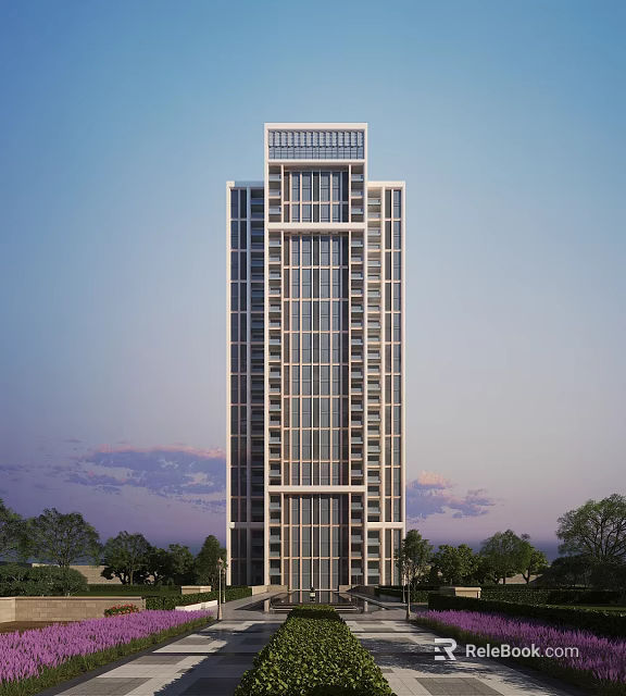 Modern Tall Residential Building With Glass Curtain Walls And Green Trees Around 3d model 