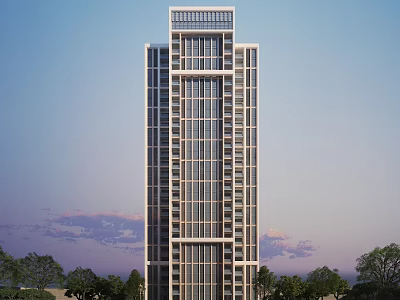 Modern Tall Residential Building With Glass Curtain Walls And Green Trees Around 3d model