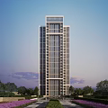 Modern Tall Residential Building With Glass Curtain Walls And Green Trees Around
