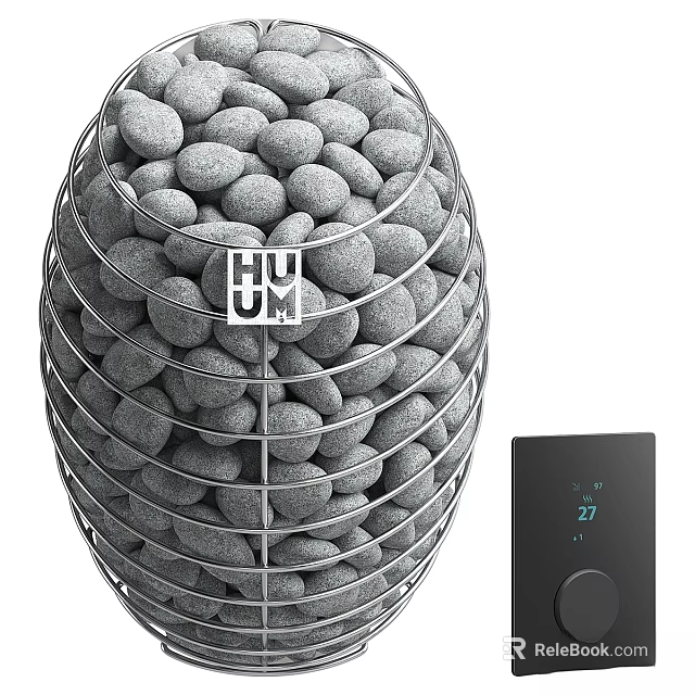 Modern Fireplace Design With Gray Pebbles Metal Mesh Enclosure And Black Control Panel 3d model