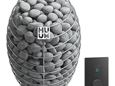 Modern Fireplace Design With Gray Pebbles Metal Mesh Enclosure And Black Control Panel 3d model