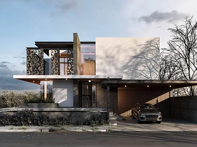 Modern Detached Villa Exterior With Large Glass Windows Garage Landscaped Garden And Trees 3d model