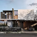 Modern Detached Villa Exterior With Large Glass Windows Garage Landscaped Garden And Trees