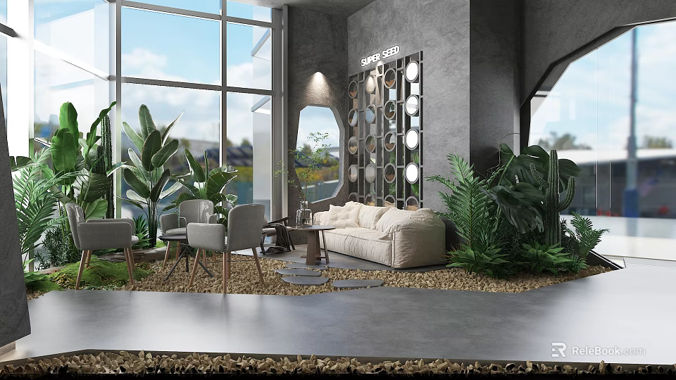 Modern Living Room Interior With Sofa Coffee Table Set Green Plants And Large Windows 3d model 
