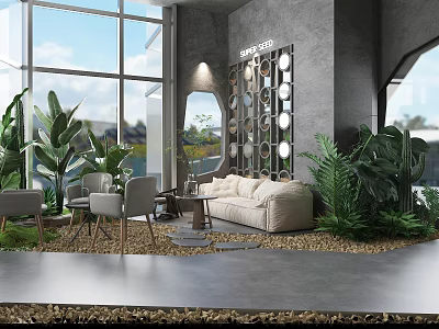Modern Living Room Interior With Sofa Coffee Table Set Green Plants And Large Windows 3d model