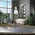 Modern Living Room Interior With Sofa Coffee Table Set Green Plants And Large Windows