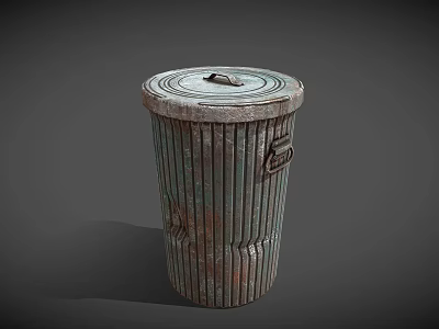Rustic Industrial Metal Trash Can With Lid And Ribbed Design For Heavy Duty Use 3d model