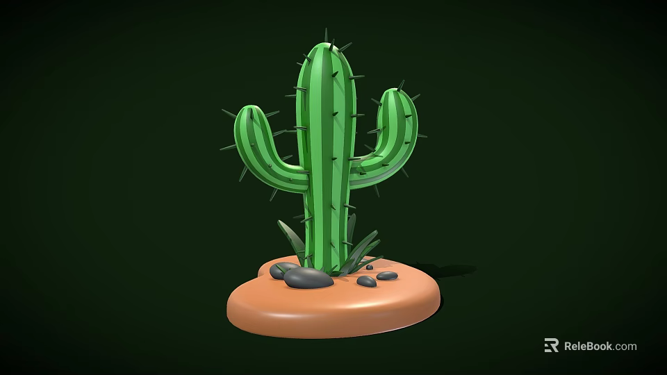 Cartoon Style Green Cactus With Thorns On Brown Base Surrounded By Small Stones And Leaves 3d model 