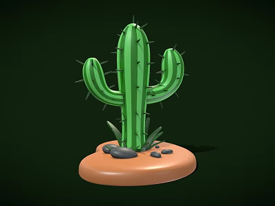 Cartoon Style Green Cactus With Thorns On Brown Base Surrounded By Small Stones And Leaves 3d model