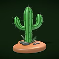 Cartoon Style Green Cactus With Thorns On Brown Base Surrounded By Small Stones And Leaves